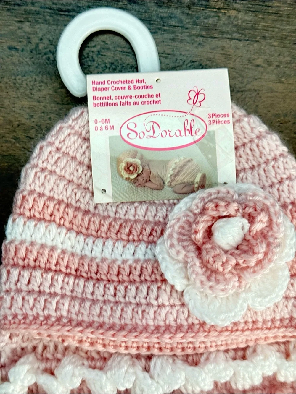 So’Dorable Baby Girl Crochet Hat Diaper Cover Booties Set Pink 0-6M 3 Pc NWT